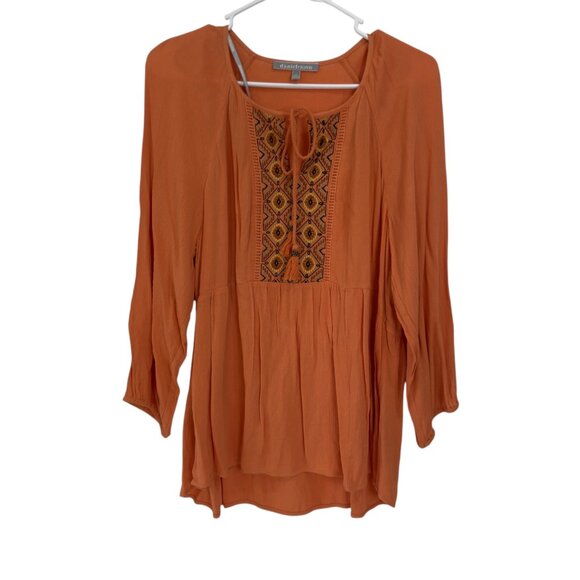 Daniel Rainn Women SZ M Orange Boho Peasant Top Embroidered Front & Tie Neck - Picture 2 of 15